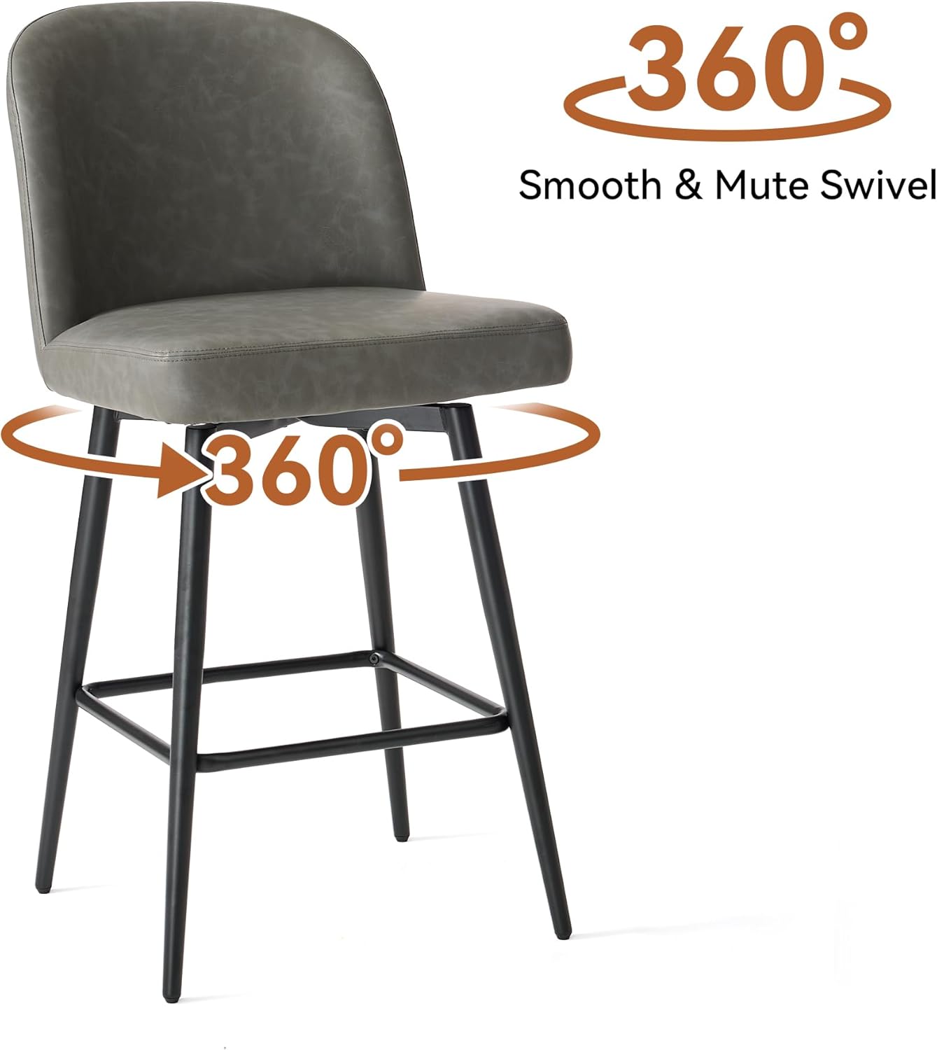 Counter Height Bar Stools Set of 2, 26.9" H Seat Height Swivel Upholestered Barstools with Back and Metal Legs for Kitchen Island, Faux Leather in Retro Grey