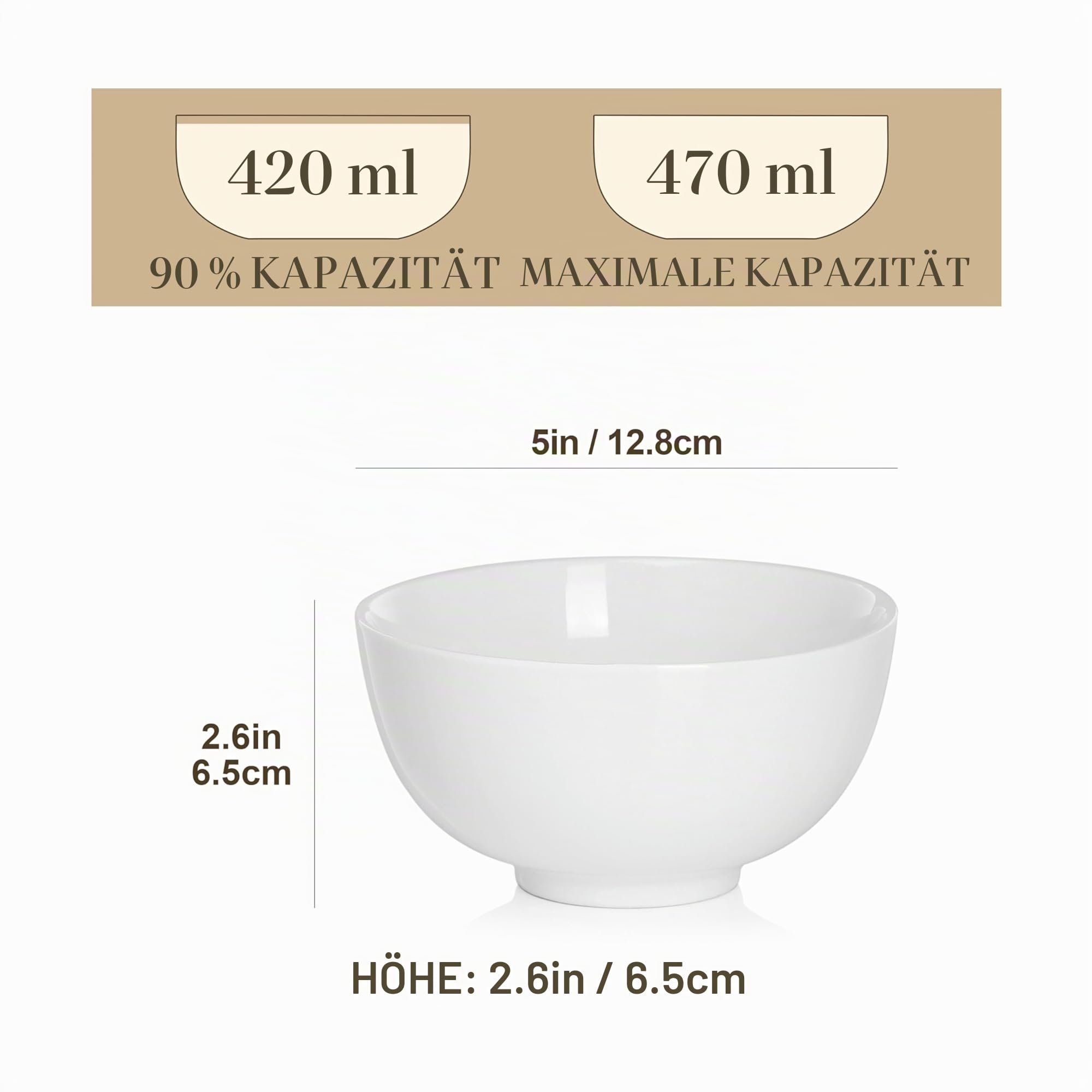MALACASA 8er Müslischalen Porzellan Set, 420ml Suppenschüssel, Ø 12,8 cm | Mini-Suppenschüssel, Bowl Schüssel, Reisschale, Dessertschale für Salat, Suppen, Ramen und Obst, 12,8x12,8x6,5cm
