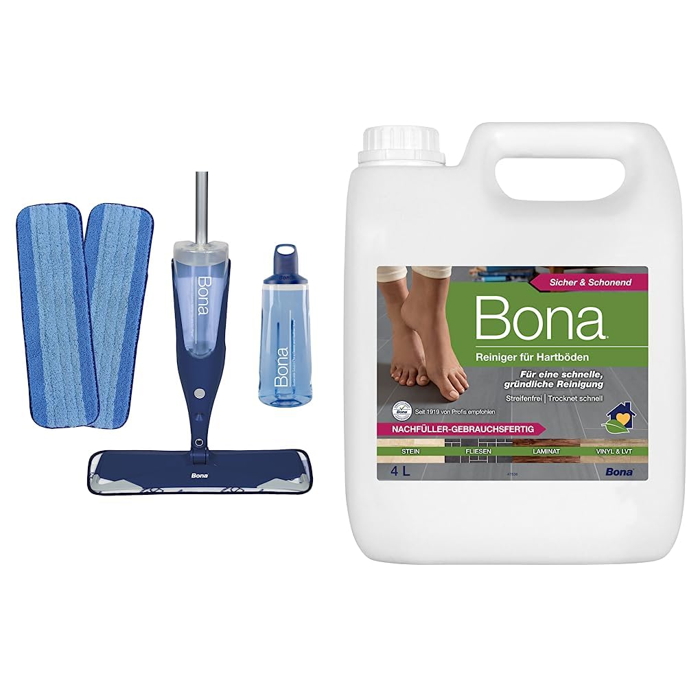 Bona Bodenwischer mit Sprühfunktion, Premium Spray Mop für Holzfußböden, Sprühwischer Set mit extra Mikrofaser-Reinigungspad & WM740219022 Fliesen- und Laminatreiniger Nachfüllpack 3 x 4 L