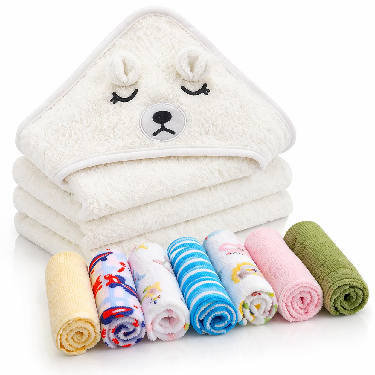 Serviette à capuche pour bébé et 7 chiffons le cadeau de naissance idéal