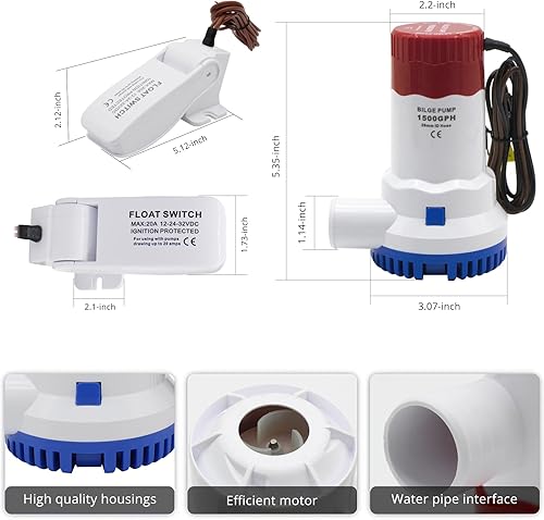Miniatura 3 de Bomba de sentina 12 V 1500 GPH Bomba de agua de sentina para barco, bomba de sentina marina eléctrica con interruptor de flotador automático de