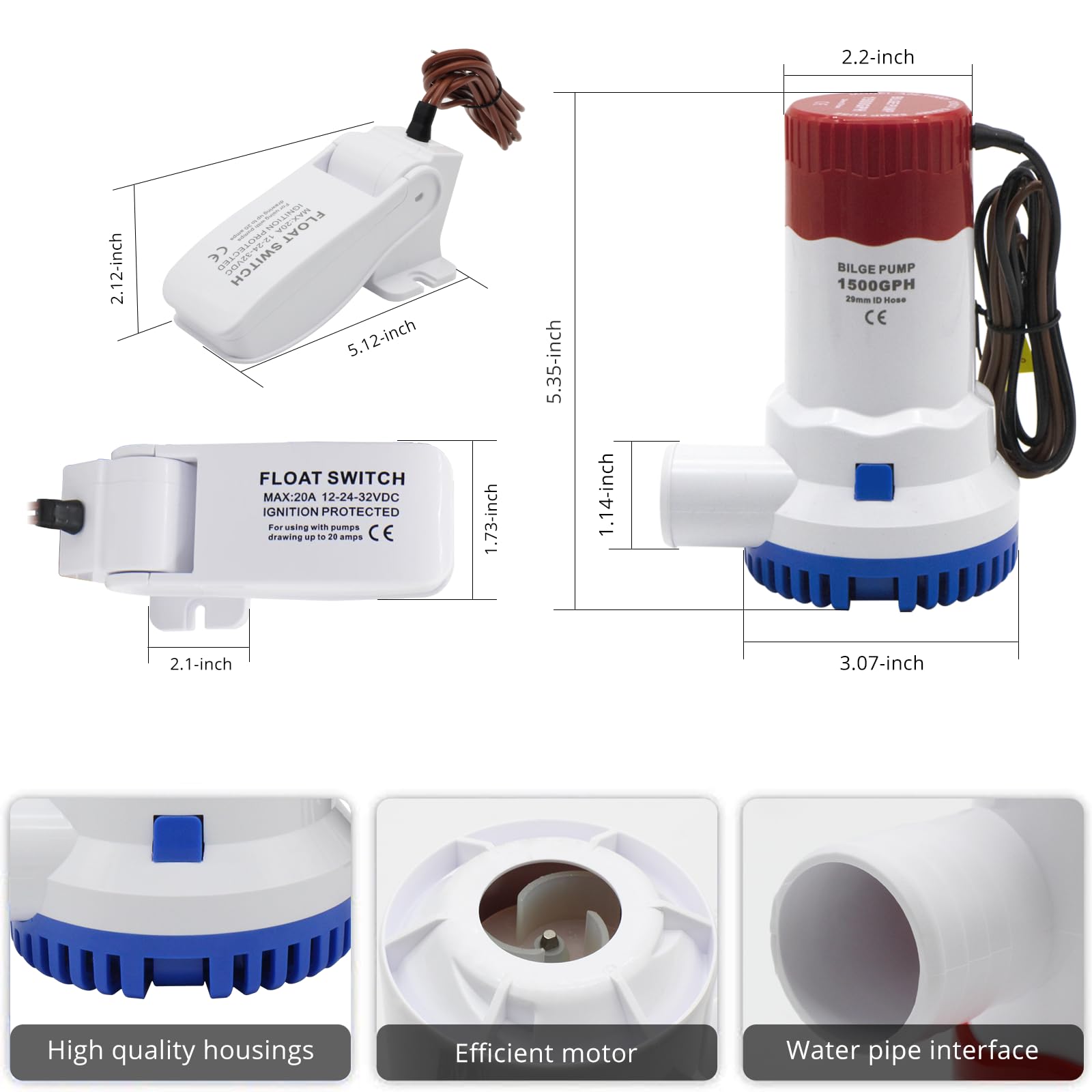 Bilgepumpe 12V 1500GPH Boot Bilge Wasserpumpe, Elektrische Marine Bilgepumpe mit Automatischer Boot Bilgepumpe Schwimmerschalter