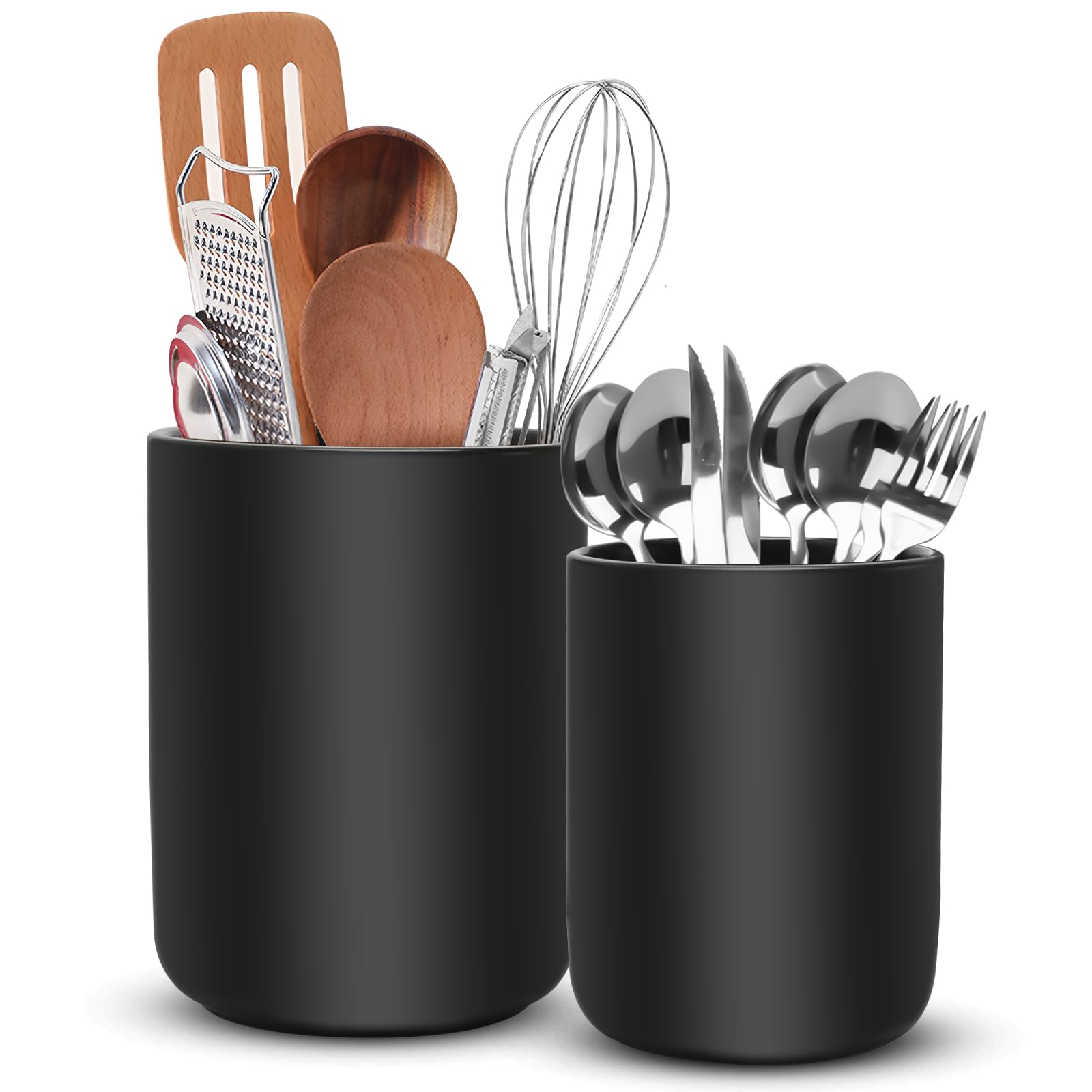Küchenutensilienhalter, Utensilienhalter Aus Keramik für Die Küchentheke, Aufbewahrung von Küchenutensilien, 2 Stück Kochutensilien-Töpfe für Spatel, Löffel, Gabeln, Pflanzen(Schwarz)
