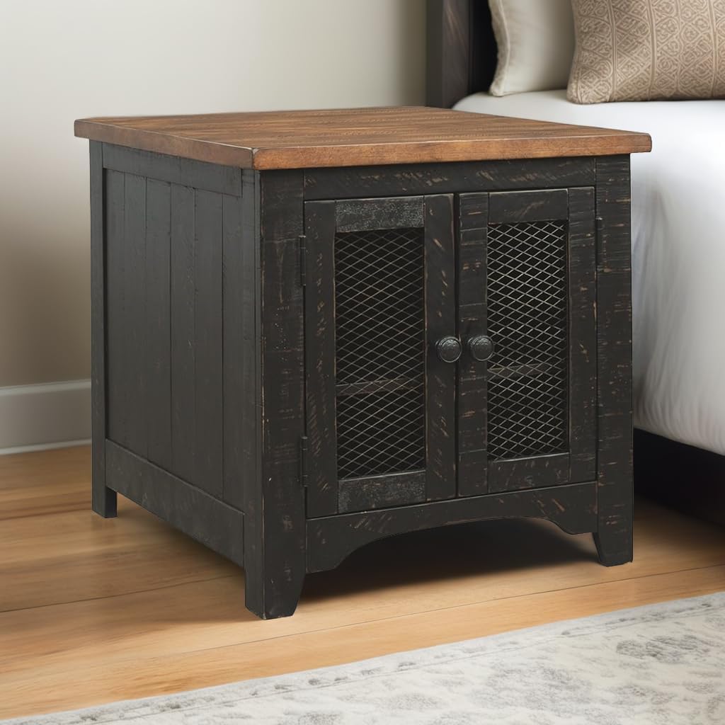 BOWERY HILL Contemporary Wood Storage End Table, 24 in, Pine Veneers, Vintage Black and Brown Finish, Double Door Cabinet, Metal Grills, Open Shelf Design, Living Room Accent Furniture