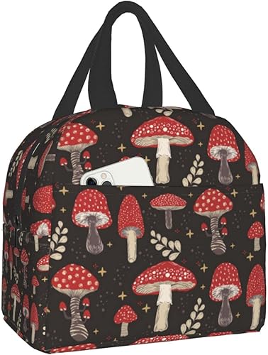 Lonchera negra con estampado de hongos kawaii, pequeña bolsa de almuerzo con aislamiento Kawaii, bolsa de comida reutilizable, bolsas de almuerzo