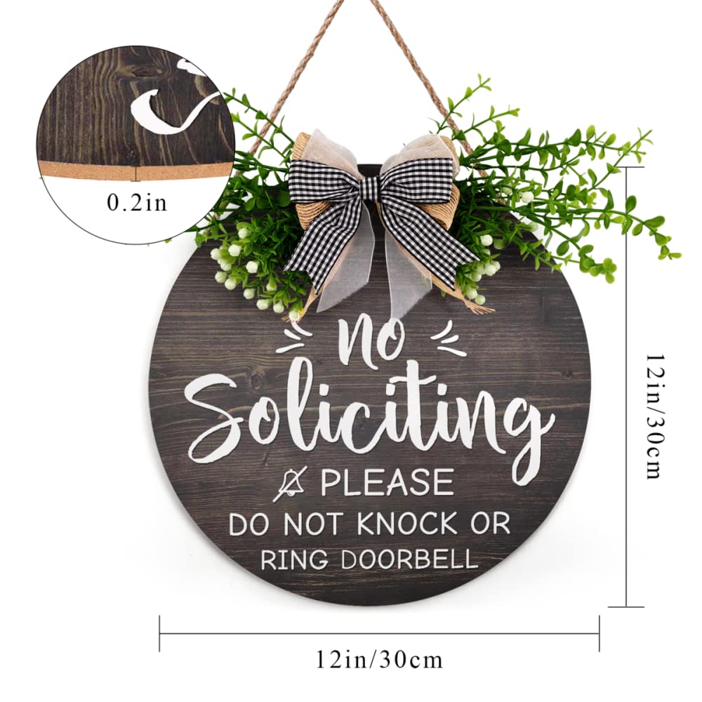 No Soliciting Plaque for House Wreath Please Do Not Ring Doorbell Sign 12 Inches Do Not Disturb Door Hanger Sign with Plaid Bow Decoration No Soliciting Sign for Home Entryway Porch Yard Door