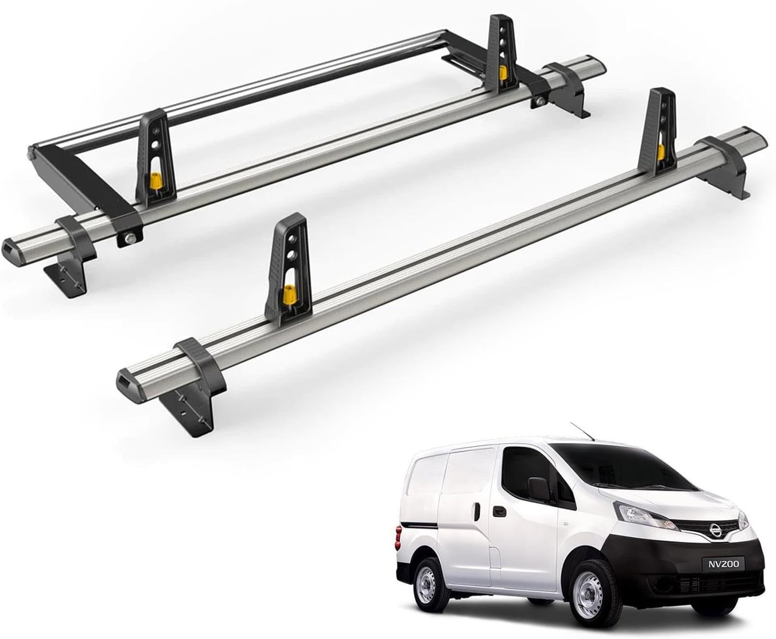 Van Guard Roof Rack for Nissan NV200 2009-2021 2 Aluminium Roof Bars, Rear Ladder Roller with Loadstops [Note: Only Suitable for Models with Twin Rear Doors.] - UltiBar Plus - VG282-2/VGR-03