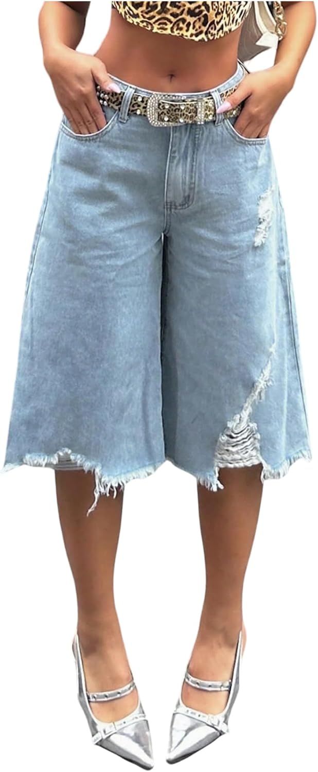 SOLY HUX Women's Summer Ripped Denim Shorts Y2k Wide Leg Baggy Cropped Jeans Capris Pants