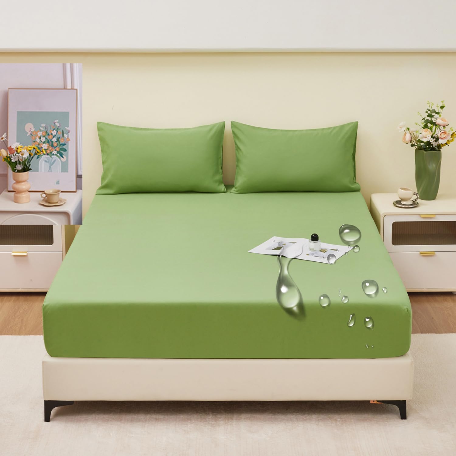 LDLCYCN ,green,180 * 200cm, 100% Waterproof Mattress Protector Cover Queen King Bed Cover Fitted Sheet