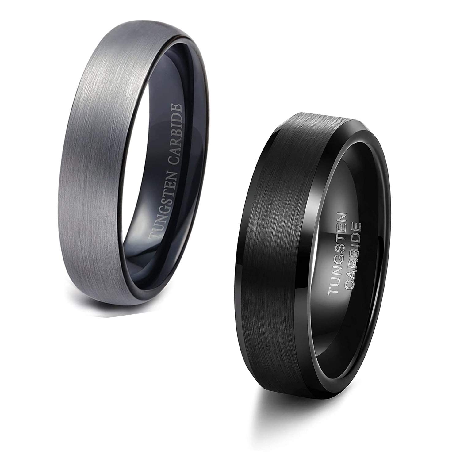 Finrezio 2 Pcs Anillos de Carburo de Tungsteno Negro para Hombres 6Mm Anillo de Pulgar Compromiso de Boda Anillo de Banda Biselada Tamaño 8-12