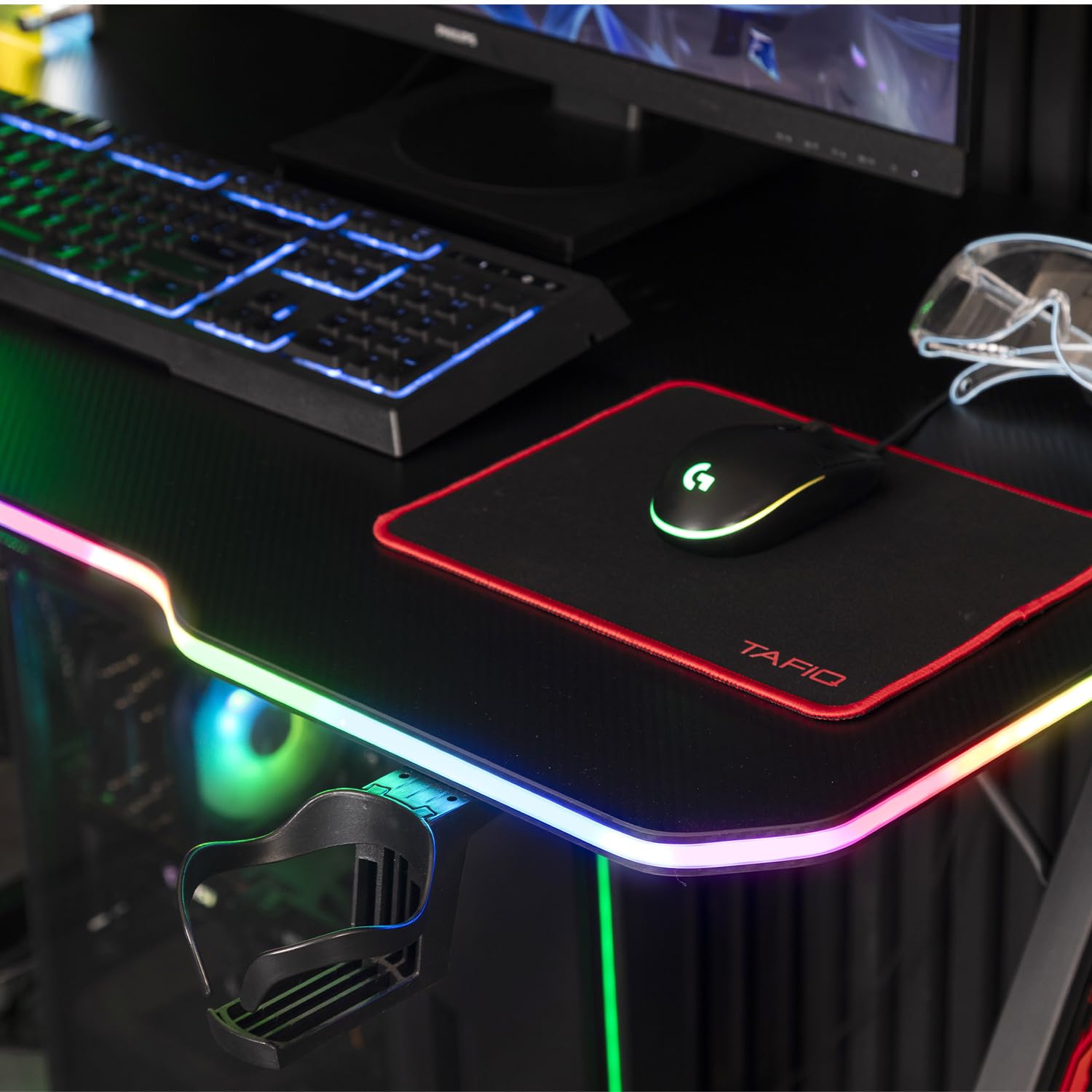 Amstrad DESK120Z-LED-AURORA Bureau Informatique Gamer avec retroéclairage RGB - Largeur 1m20 - Finition Carbone - Télécommande