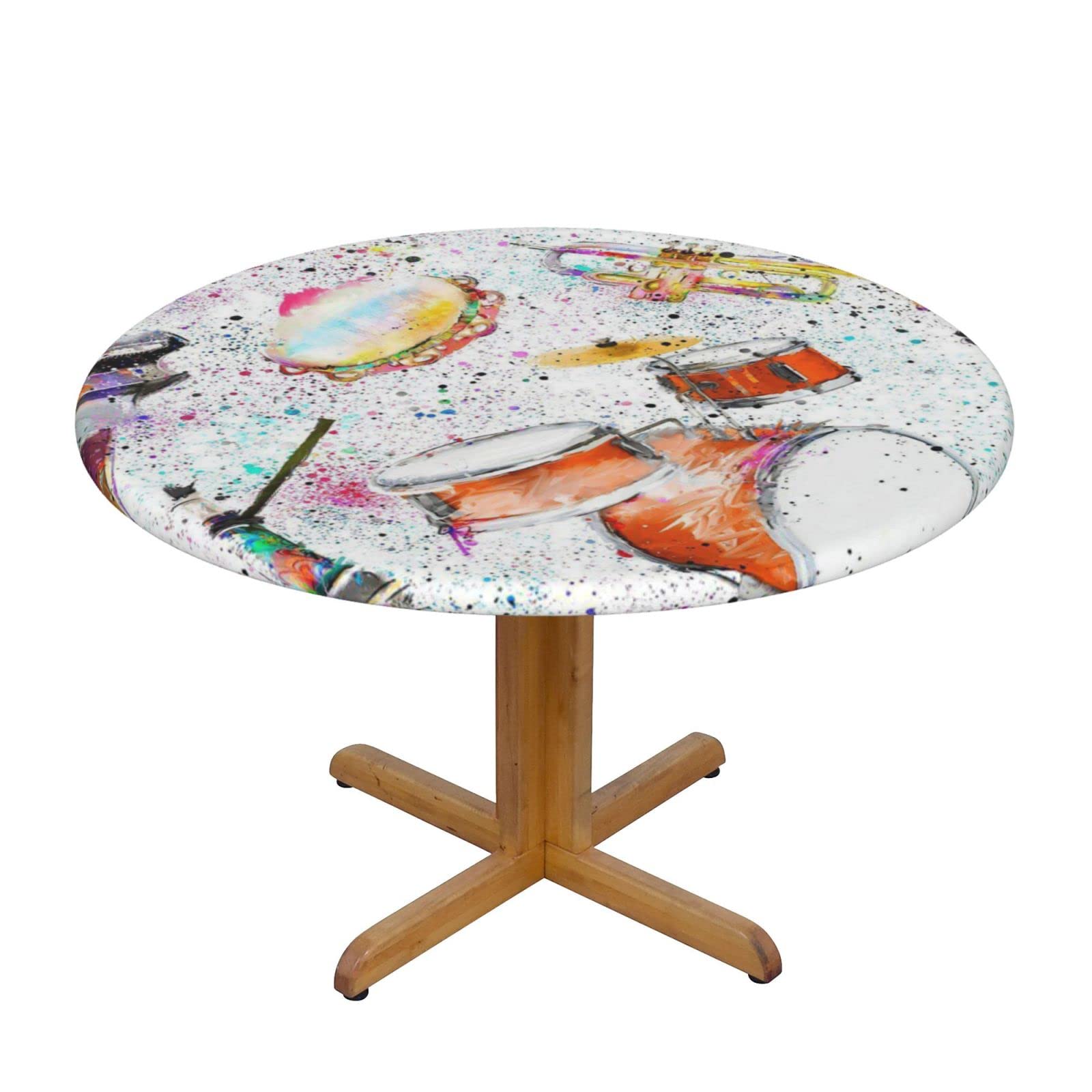 Lsjuee Round Fitted Tablecloth 40-44in Elastic Edged Table Cloth for Kitchen Dining Party Home Decor - Musical Instruments Colorful Music Abstract