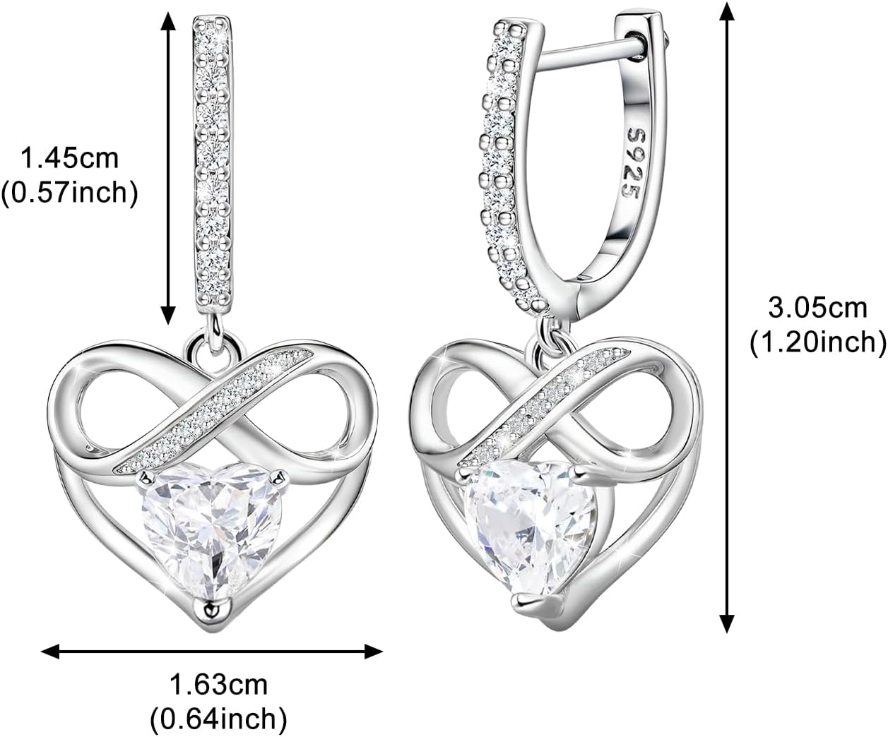 Heart Earrings for Women - Sterling Silver Dangle Hoop Earrings for Lady Hypoallergenic Sparkle Cubic Zirconia Infinity Love Heart Earring for Sensitive Ears Dainty Jewelry Gifts for Her Wife Mom - Image 6