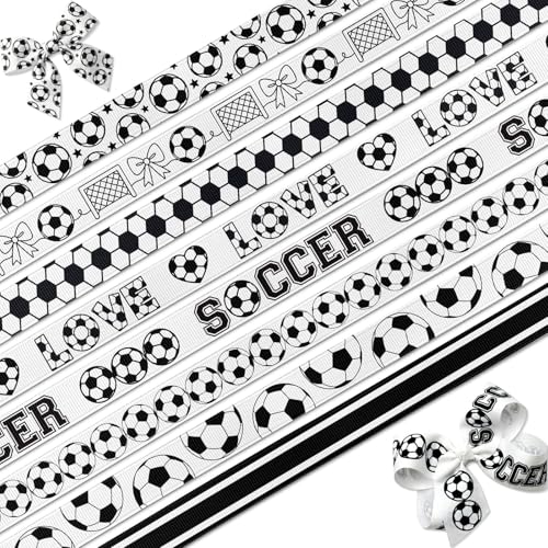 Kutyndrix 8 Pack Soccer Ribbons 3/8 Inch Grosgrain 24 Yards Black White Stripe Ball Print Craft Ribbon for Party Decorations Hair Bows Gift Wrapping