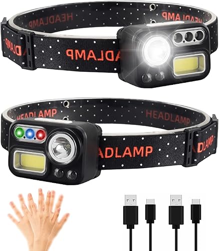 XLENTGEN Linterna frontal recargable de 4 colores en 1 LED de 500 lúmenes, lámpara de cabeza con sensor de movimiento, 2 unidades, 8 modos, blanco,