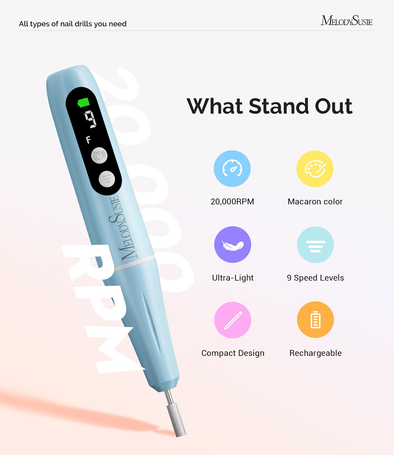 MelodySusie PC90G Rechargeable Nail Drill 20000RPM, Portable Electric Nail File for Manicure & Pedicure - Image 3