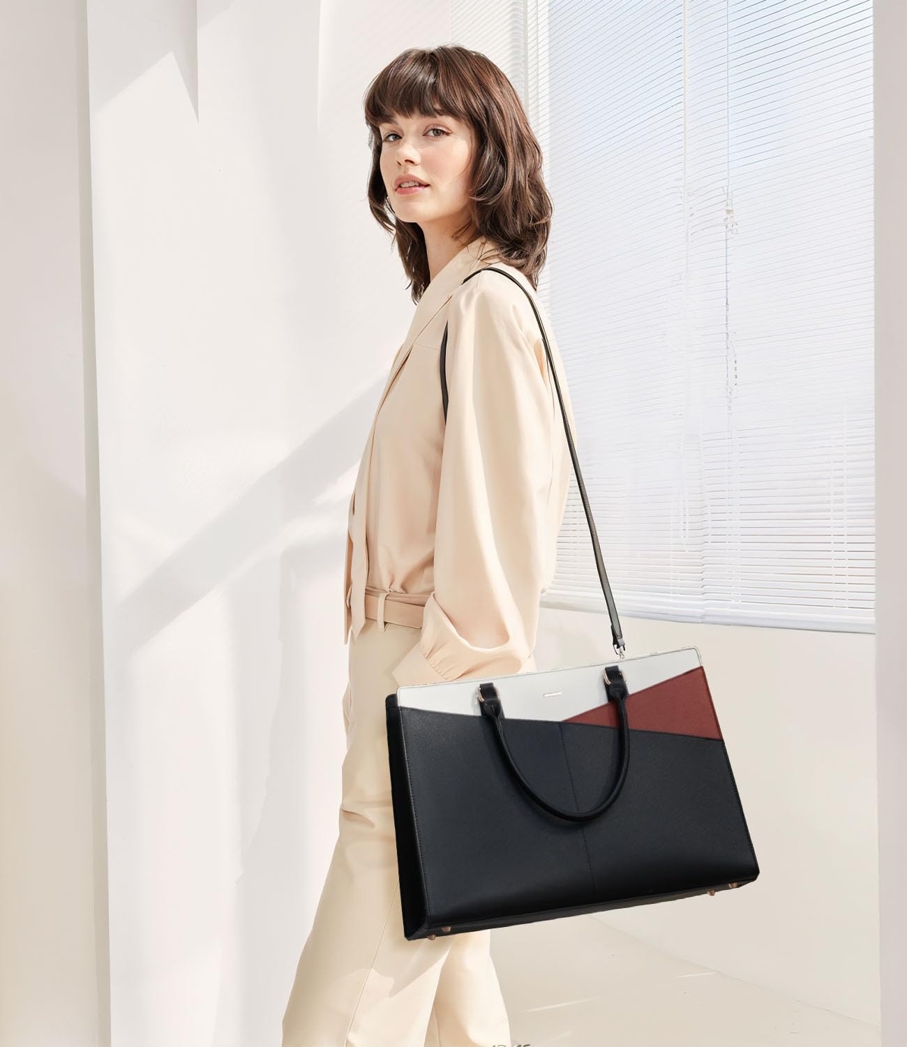 LOVEVOOK Laptop Tote Bag for Women, Leather Business Office Work Bag Computer Briefcase with Small Clutch fit for 15.6 Inch Laptop,Black-Brown-Beige - Image 2