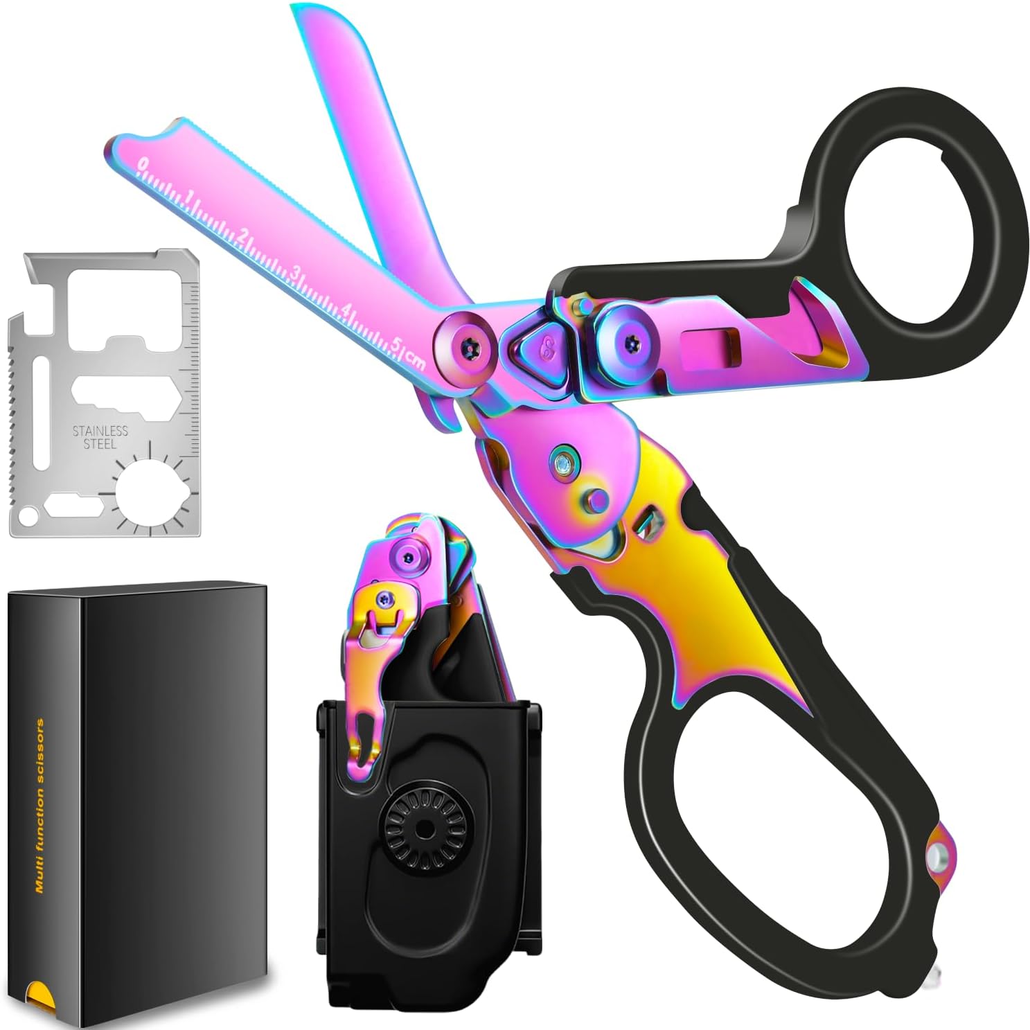 Trauma Shears Foldable with Compatible Holster, Multi Tool Emergency Response Trauma Shear for Nurses, Multi-function Outdoor EMT Tactical XShears, Trauma Scissors with Gift Box(Black Magic)