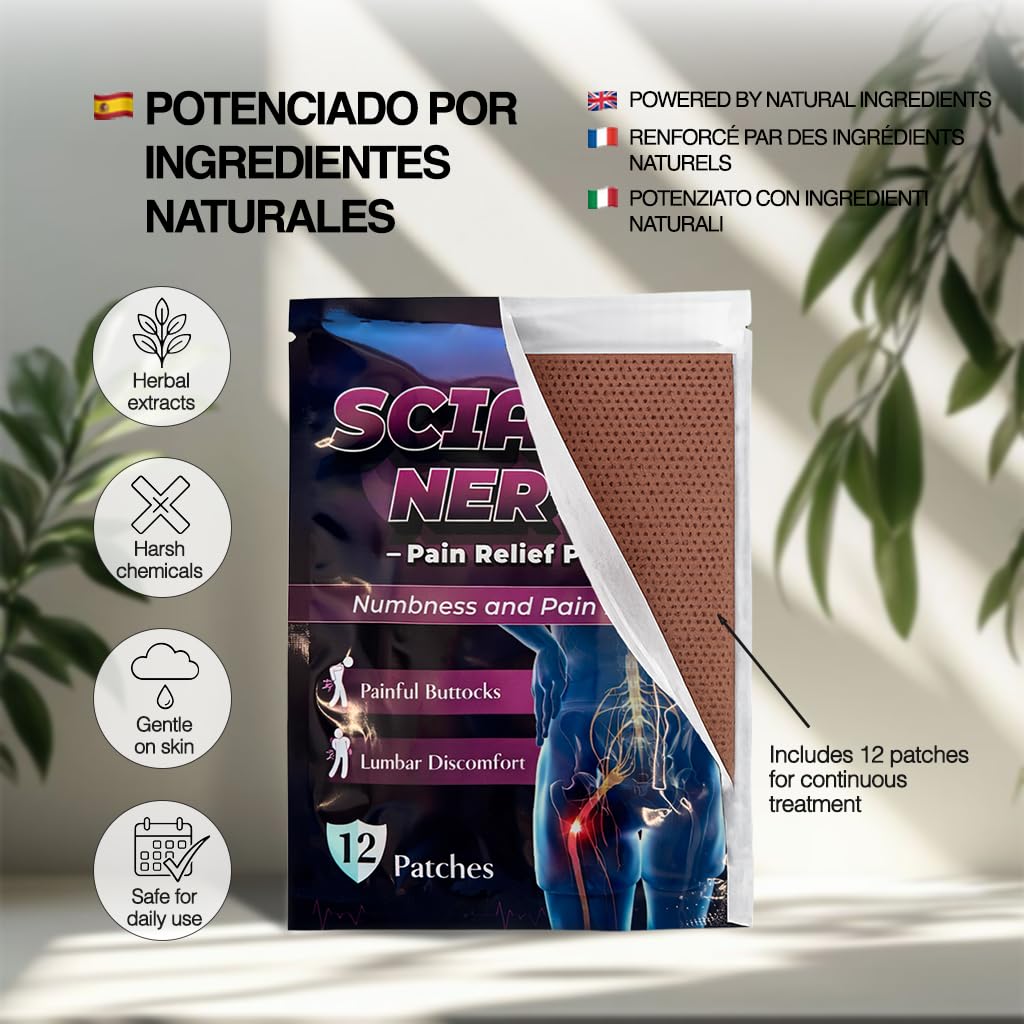 Patch Sciatico 60 Pezzi – Patch Riscaldante per Dolore al Nervo Sciatico, Lombari, Schiena e Articolazioni, Sollievo Muscolare Naturale, Tessuto Traspirante e Flessibile, Formula con Estratti Vegetali