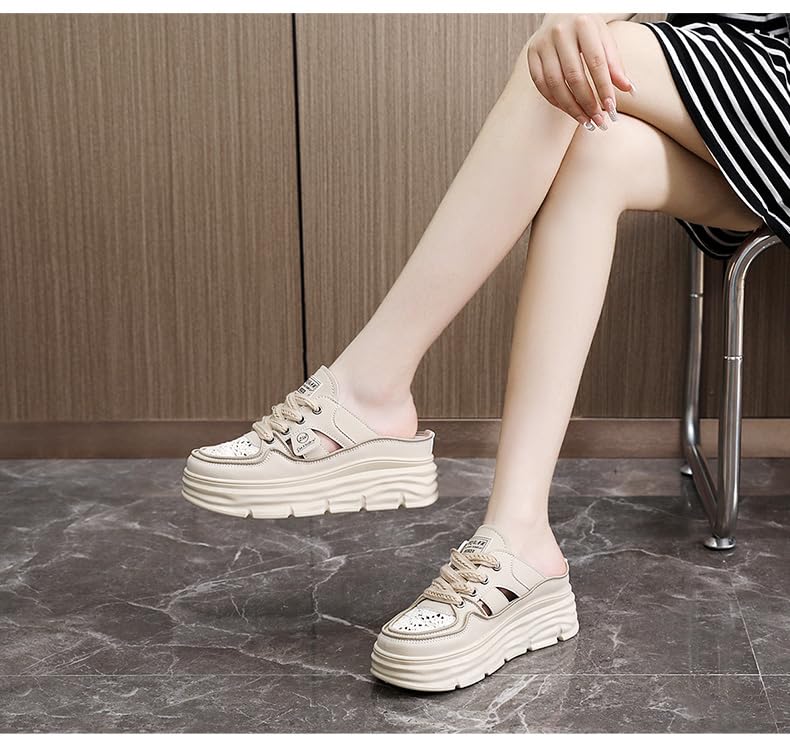Women's Chunky Platform Mules Thick Sole Lace Closed Toe Hollow Out Slip-on Sneakers Comfortable Casual Summer Flats2