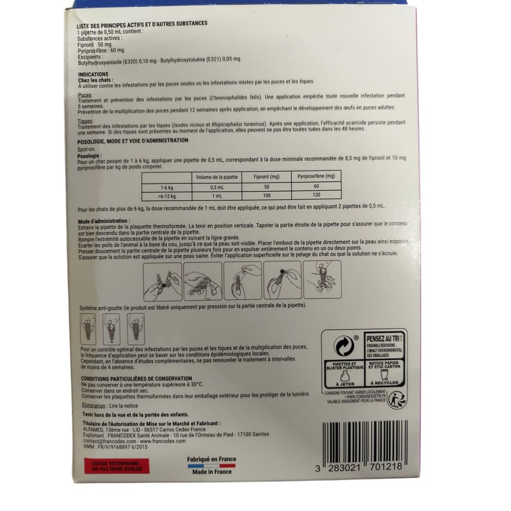 Francodex - Traitement Spot-on Fiprovet Duo pour Chat - 4x0,5ml