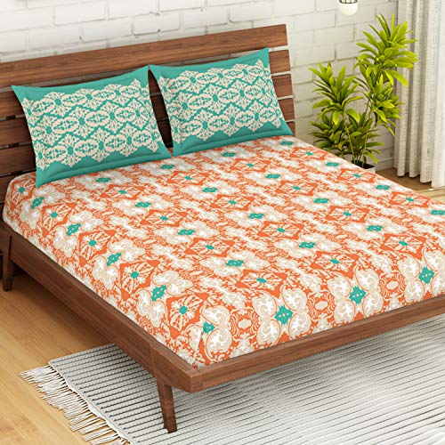 Image of Spaces Atrium Plus 210 TC 100% Cotton Queen Size Fitted Double Bedsheet with 2 Pillow Covers (Ornate, 60 inch X 78 inch Inches ) - Peach