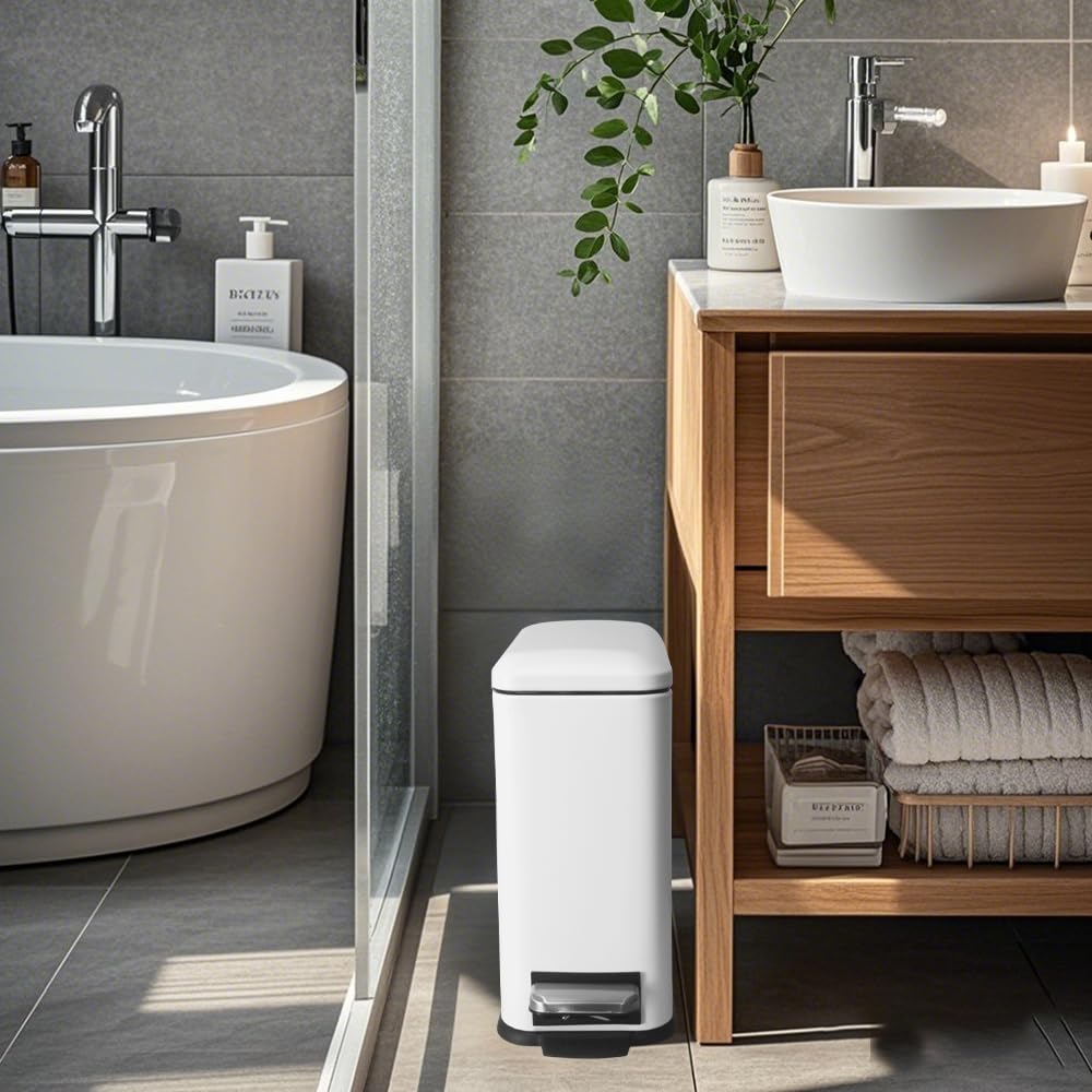 Small Bathroom Trash Can with Lid, Trash Can with Removable Liner, Soft Close lid & Step Pedal, Stainless Steel Trash Bin for Bathroom,Bedroom,Home Office (White, 1.3 Gallon)