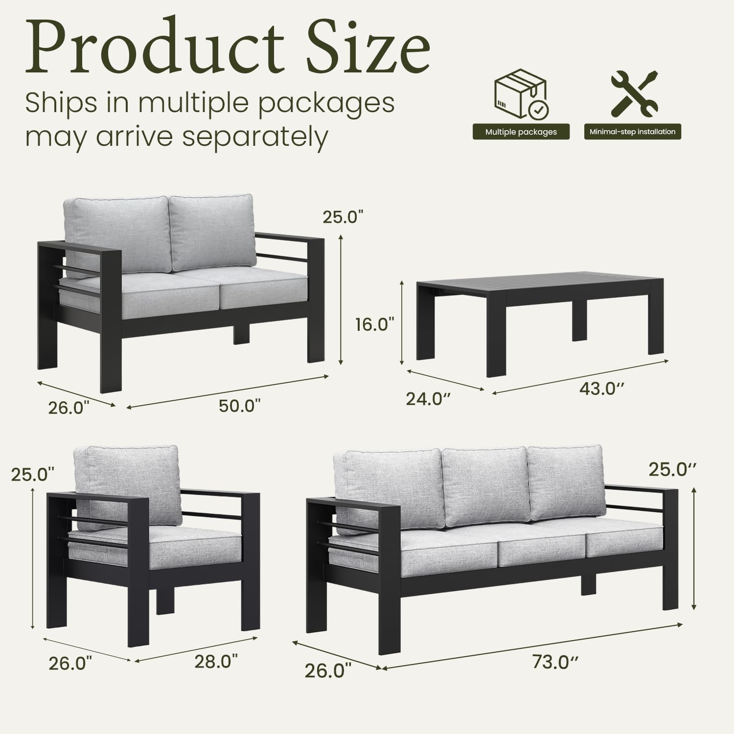 LayinSun Outdoor Aluminum Furniture Set, 5 Pieces Patio Sectional Conversation Chat Sofa Modern Seating Set with Coffee Table