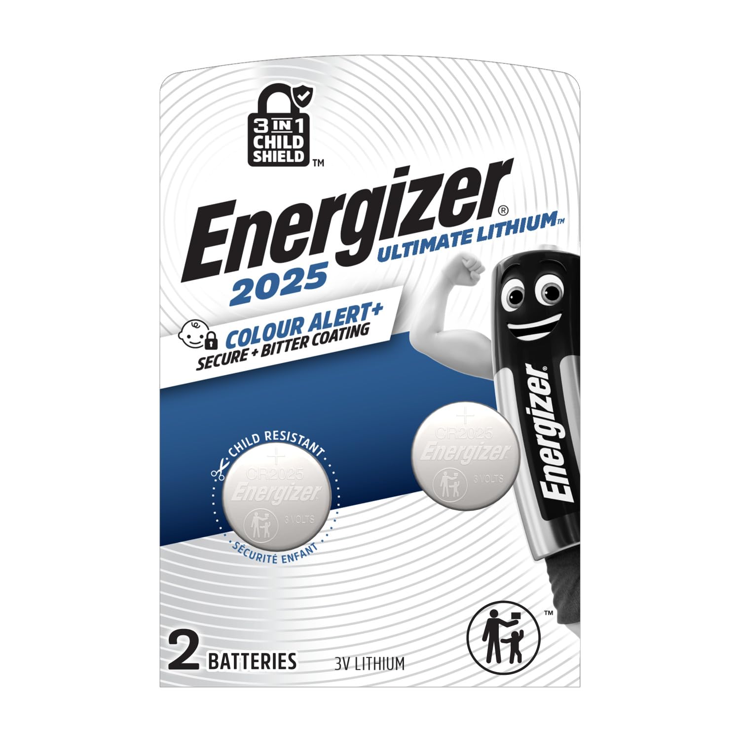 Energizer Ultimate Lithium - CR2025 Batteries (2 Pack) - 3V Battery Coin Cell – World's First 3 in 1 Child Shield Colour Alert Technology – Car Key Fobs, Watches, Home Devices - 10 Year Shelf Life