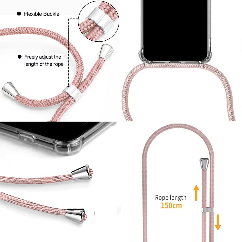Tikgue IPhone XR Hülle Mit Band – Glitzer Transparent, TPU Silikon, Umhängekette Roségold – Kabelloses Laden Möglich