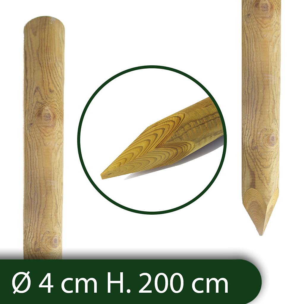 nextradeitalia CF da 10PZ Pali in Legno Ø CM 4 Altezza CM 200 H TONDI con Punta TRATTATI IMPREGNATI per Recinzione STACCIONATA/STECCATO PALO Tondo