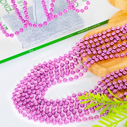 Image of EOBOH 144PCS Bead Necklace, Metallic Pink Mardi Gras Rose Necklaces Bulk, 33 inch Mardi Gras Round Beaded Necklace Stuff, Festival Parade Throw Accessories Wedding Gender Reveal Party Supplies Decor