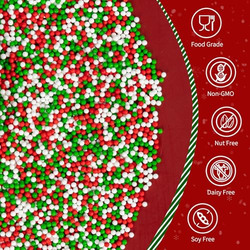 Image of Christmas Nonpareils Sprinkles for Cake Decorating,130g White Red and Green Mini Pearls Mix,Edible Sugar Holiday sprinkle for Cupcake Toppers,Cookie,Ice Cream Decorations Christmas Party Supplies