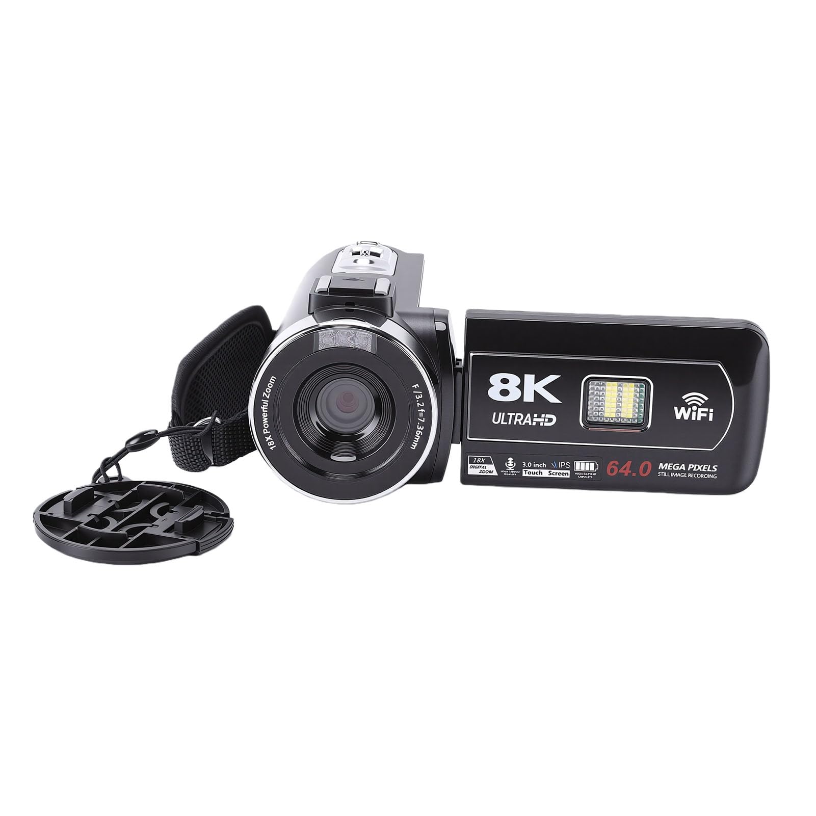 Videocamera 8K, Videocamera Touch Screen da 3 Pollici con Zoom Digitale 64MP 18X, Digitale con Webcam WiFi Luce LED per Viaggi in Streaming Live