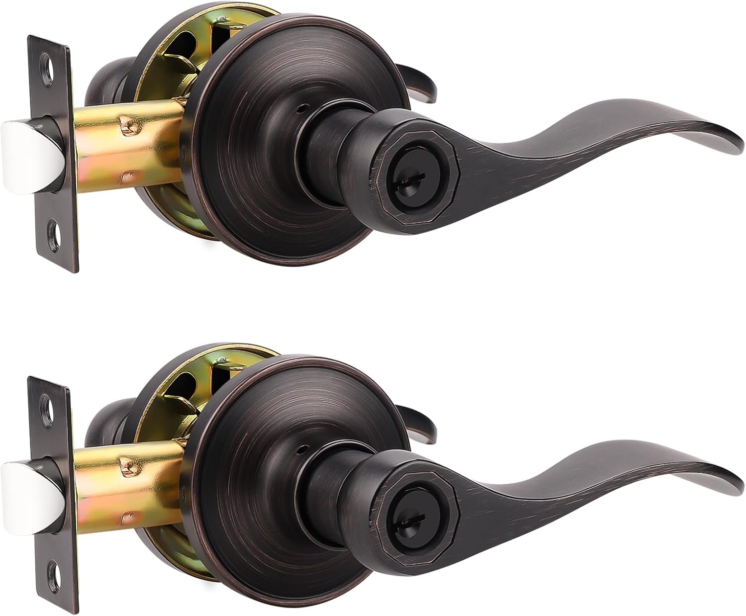 Probrico 2 Pack Entry Door Lever [Lock with 3 Keys],Locking Door Handle Set for Office or Front Door,Oil Rubbed Bronze Wave Entrance Door Lock with Key, Reversible Right & Left Side Handed