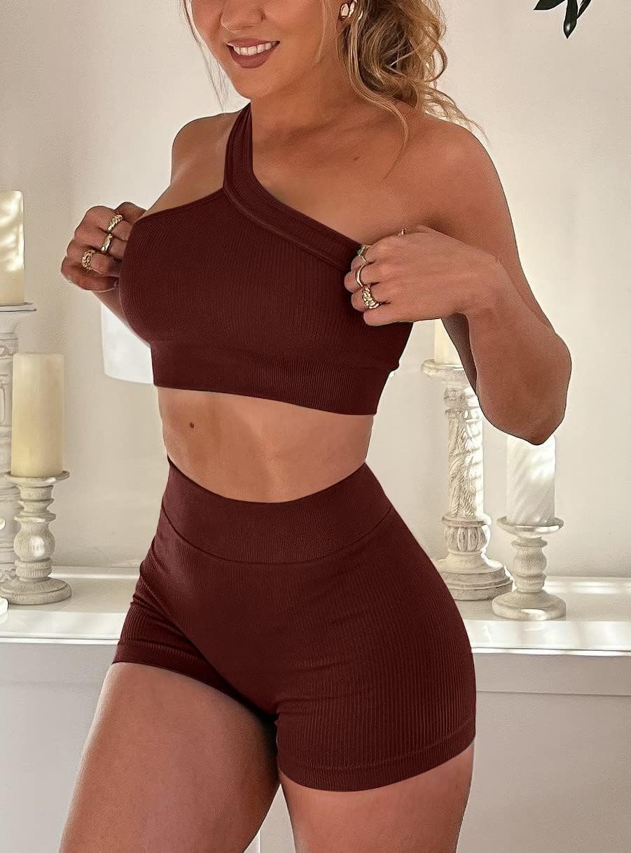 OLCHEE Womens 3 Piece Workout Sets - Seamless Ribbed Yoga Outfits Sports Bra One Shoulder Top Biker Shorts Gym Athletic Cloth - Image 4