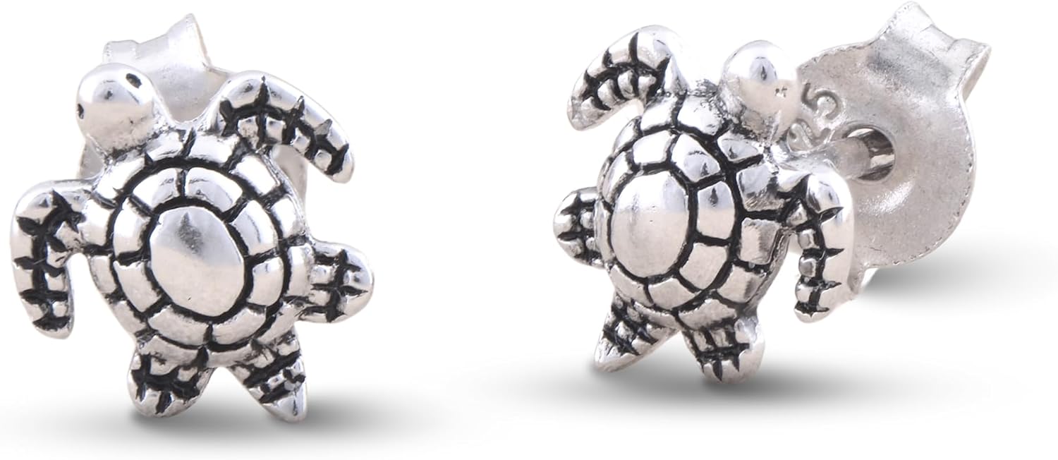 Rhodium Plated Sterling Silver Tropical Sea Turtle Womens Stud Earrings Sea Turtle Studs for Ladies