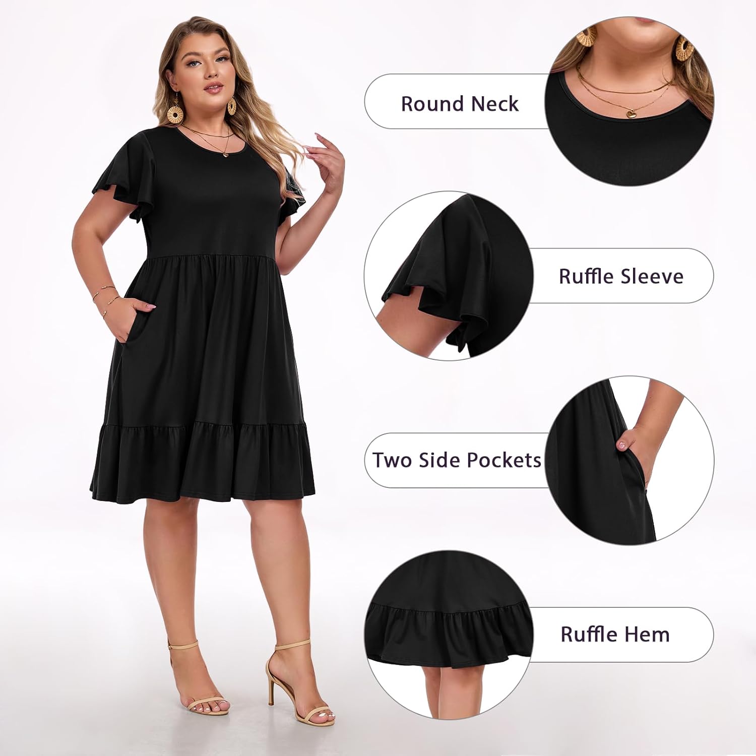 Women's Plus Size Casual Dress Crew Neck Ruffle Floral Short Sleeve Summer Midi Dresses with Pockets - Image 5