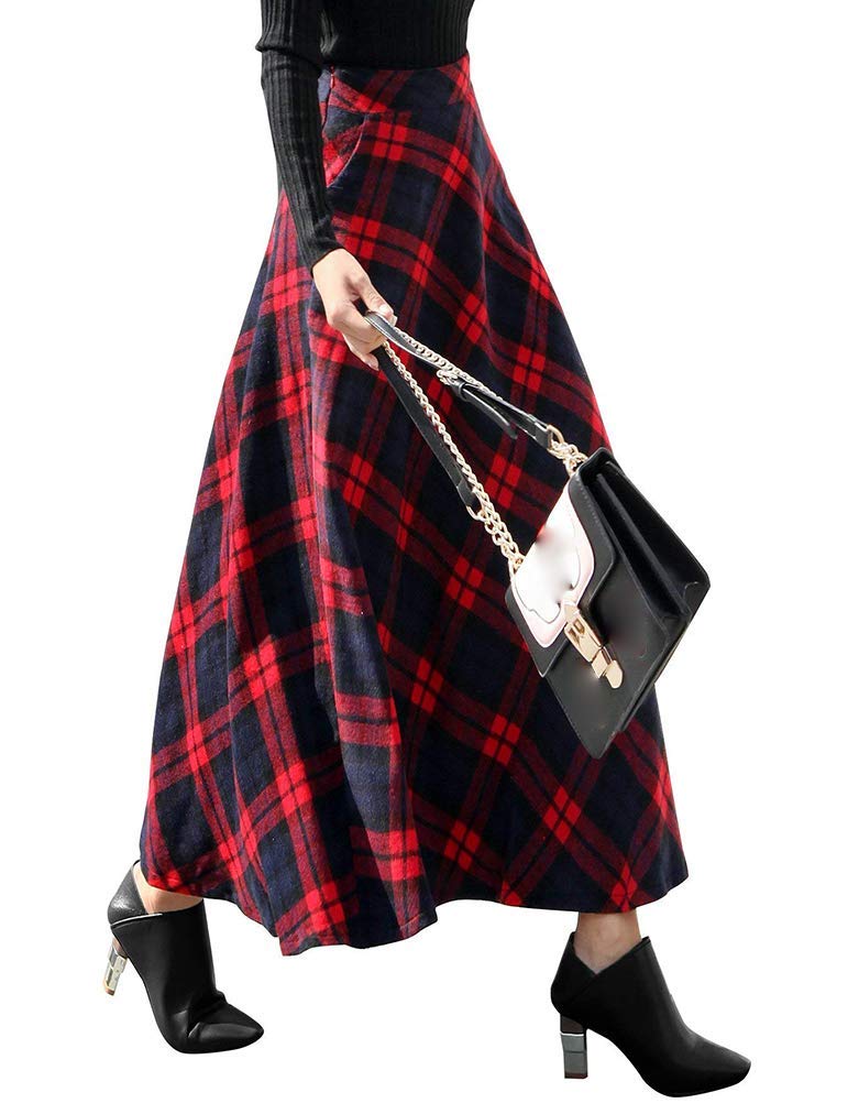 IDEALSANXUN Womens Plaid Wool Skirts Elastic Waist A-Line Pleated Tartan Long Skirts: X-Small Long Red
