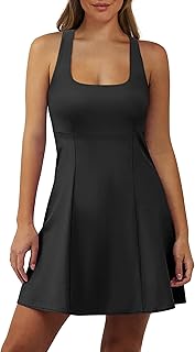 Womens Tennis Dress Built in Shorts & Bra Summer Square Neck Sleeveless Workout Athletic Golf Dresses with Pockets - Buy now