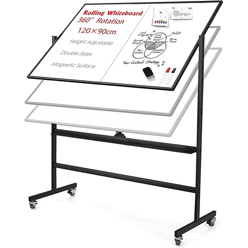 Large Mobile Dry Erase Board WhiteBoard, 48×36 inches Height Adjust Double Sided WhiteBoard, Rolling Stand with Aluminum Frame for Home Office Classroom