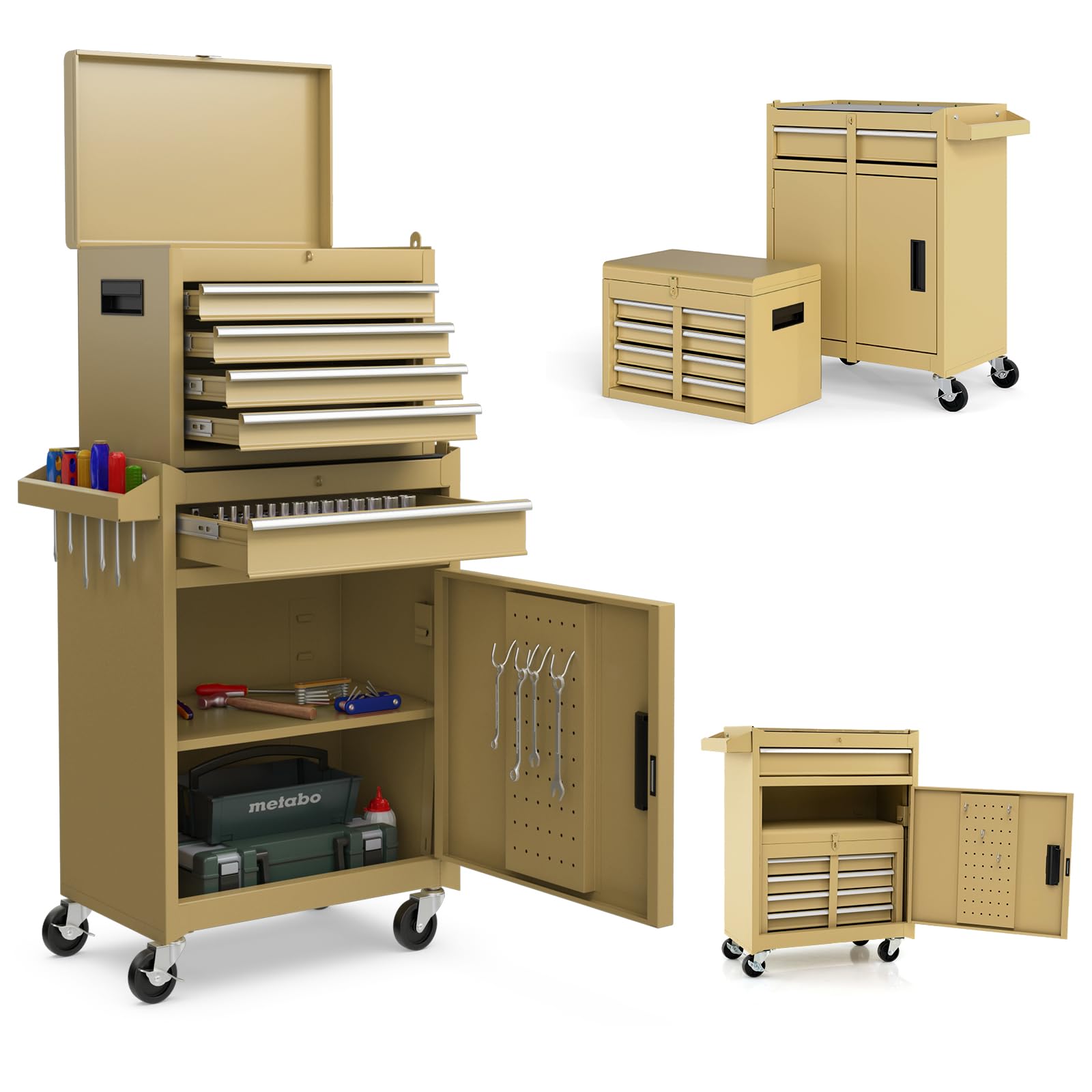 SOARS Carrello Porta Attrezzi con Ruote, 5 Scomparti, 2 Ripiani, Porta Attrezzi da Lavoro Rimovibile & Carrello Inferiore, Bloccabile, 59 X 28 X 102 CM, per Garage, Officina, Casa (Giallo)