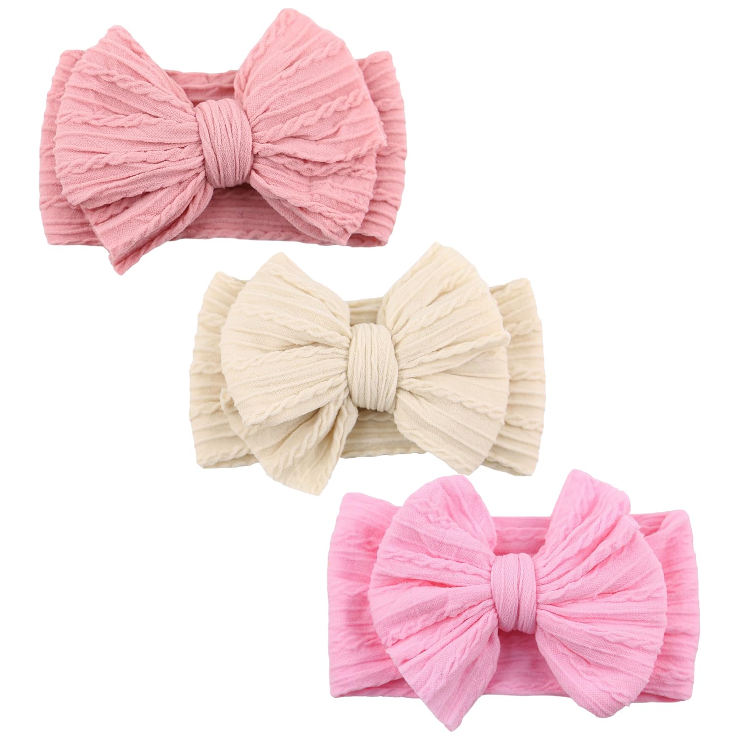 3er Set Baby-Stirnbänder, weiche Baby-Haarbänder mit Schleifen für Mädchen, Neugeborene Haarschmuck (Dunkelrosa, Beige, Mittelrosa)