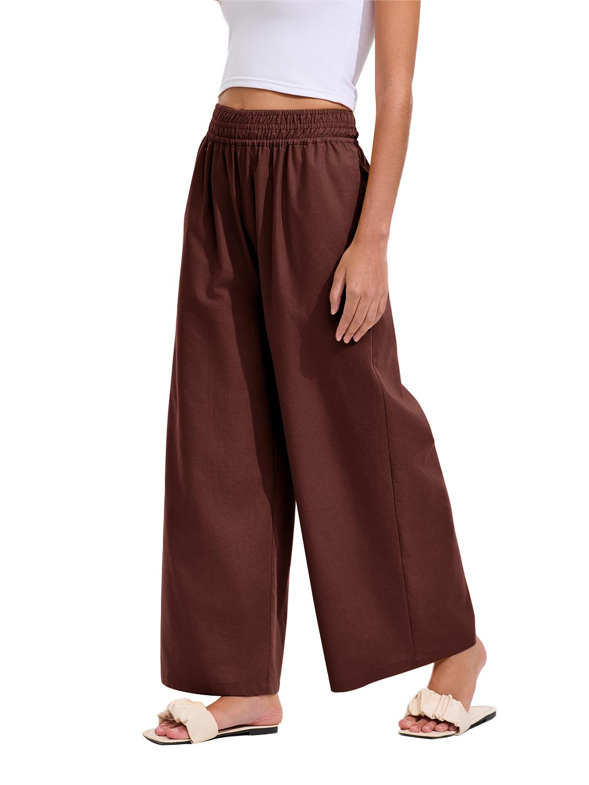Les umes Womens Linen Wide Leg Pants Elastic Waist Cotton Loose Casual Baggy Trousers with Pockets