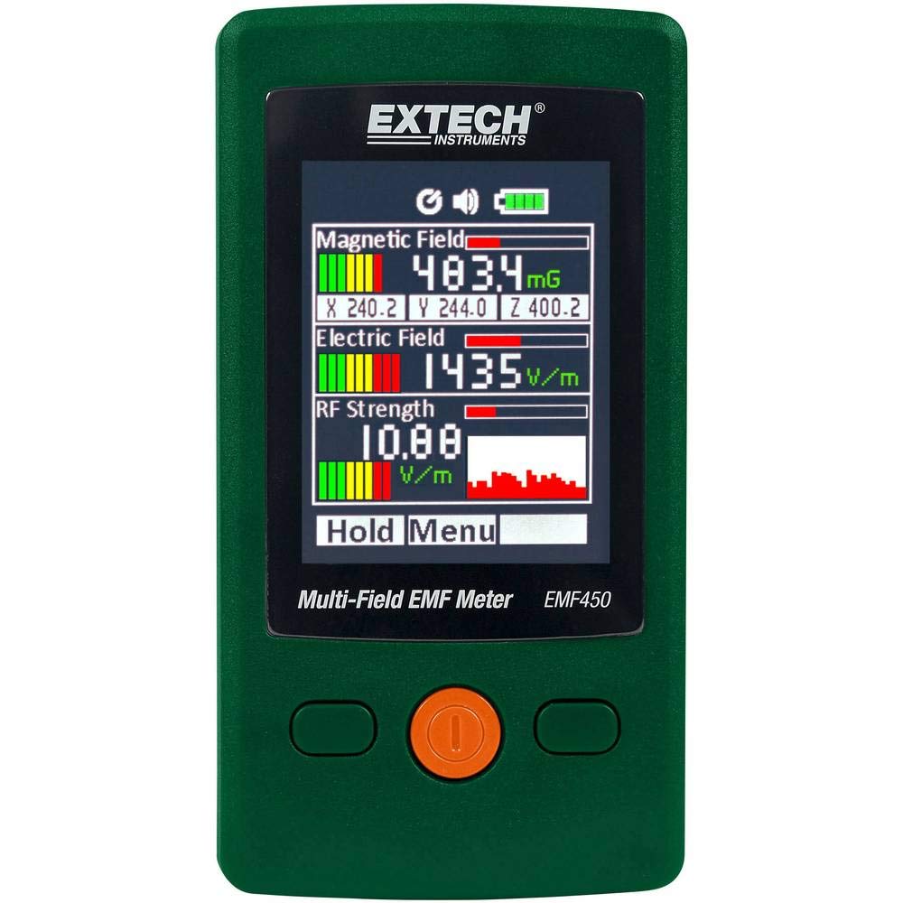 Extech EMF450 Misuratore EMF Multi-Campo, Magnetico, Elettrico, RF | Magnetico (50/60Hz), elettrico, RF 50MHz-3,5GHz, sensore triassiale, TFT colore 2,4poll, allarme