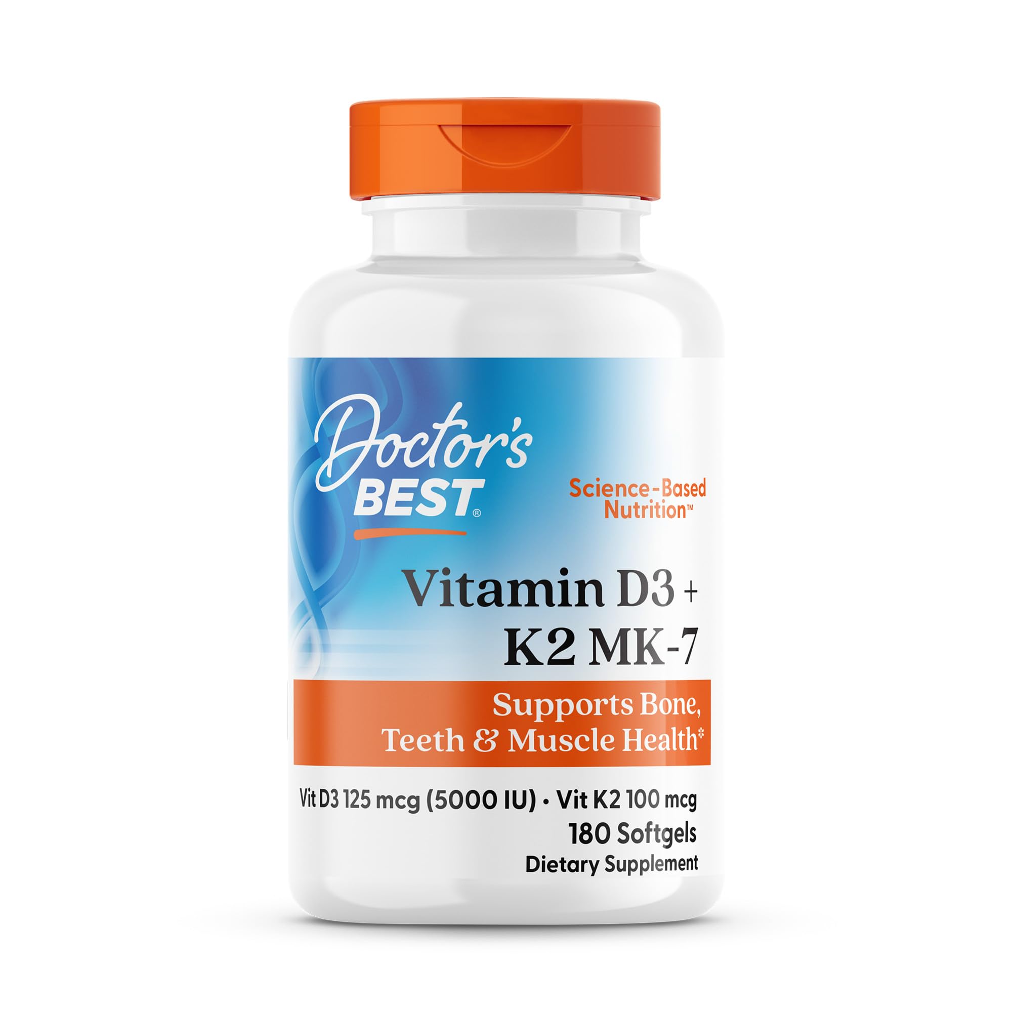 Doctor's Best Vitamin D3 5,000 IU + K2 MK-7 100 mcg, Supports Bone, Teeth & Muscle Health, and Heart Health, Non-GMO, Gluten Free, 180 Softgels