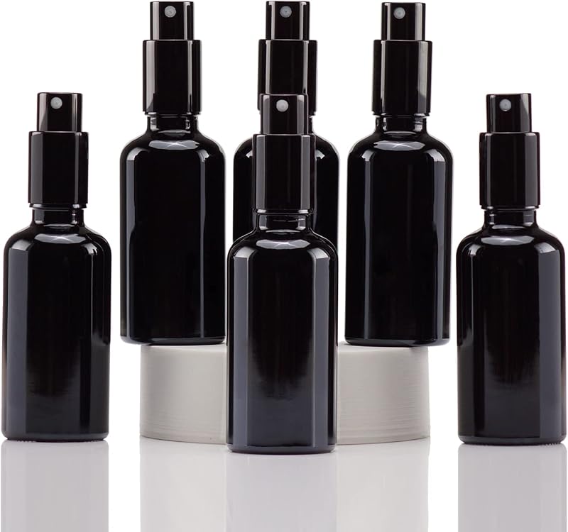 YIZHAO Frascos de vidro pretos com spray de névoa fina, tampa metálica, 60 mL, reutilizáveis – Pacote com 6
