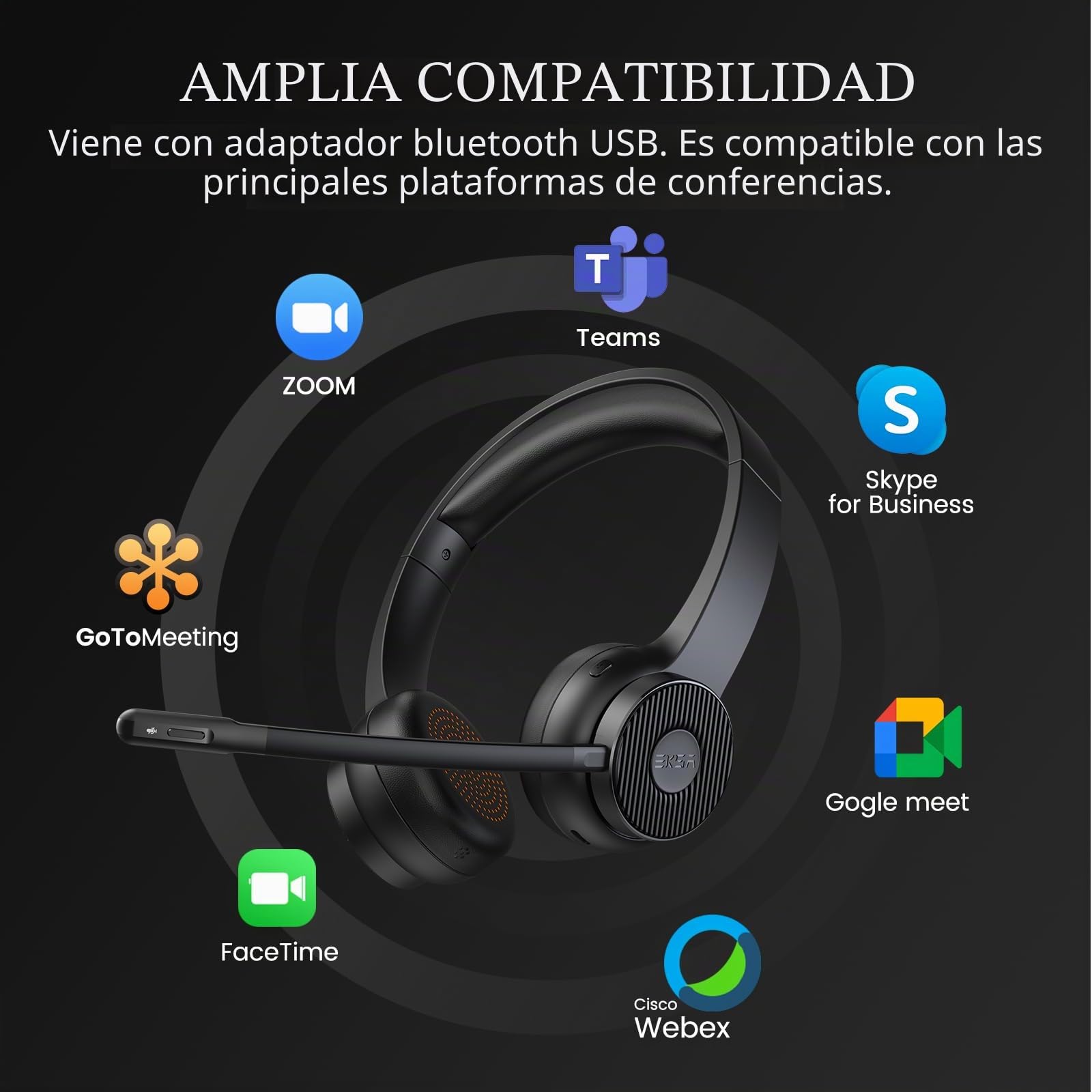 EKSA H16 Auriculares BT Auriculares Inalambricos con AI Micrófono Cancelación de Ruido y Dongle USB, 55 Tiempo de Reproducción, Silencio de Micrófono PC Cascos Comerciales para Oficina/Hogar