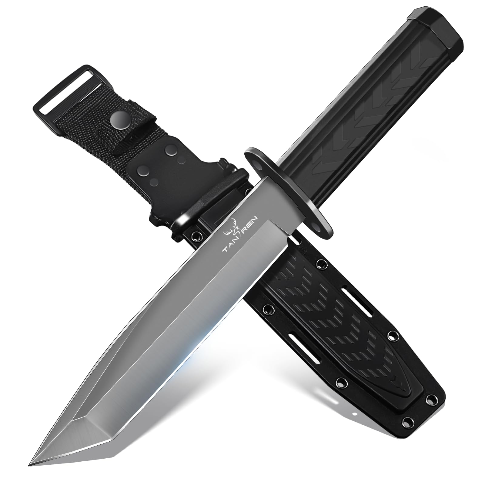 TAN REN Outdoor Messer Survival mit Kydex-Scheide,Scharf und Langlebig,D2-Stahl Monoblock Feststehklinge und Ergonomischer Vollerl Griff,Bushcraft Messer Für Camping und Jagd,Schwarz