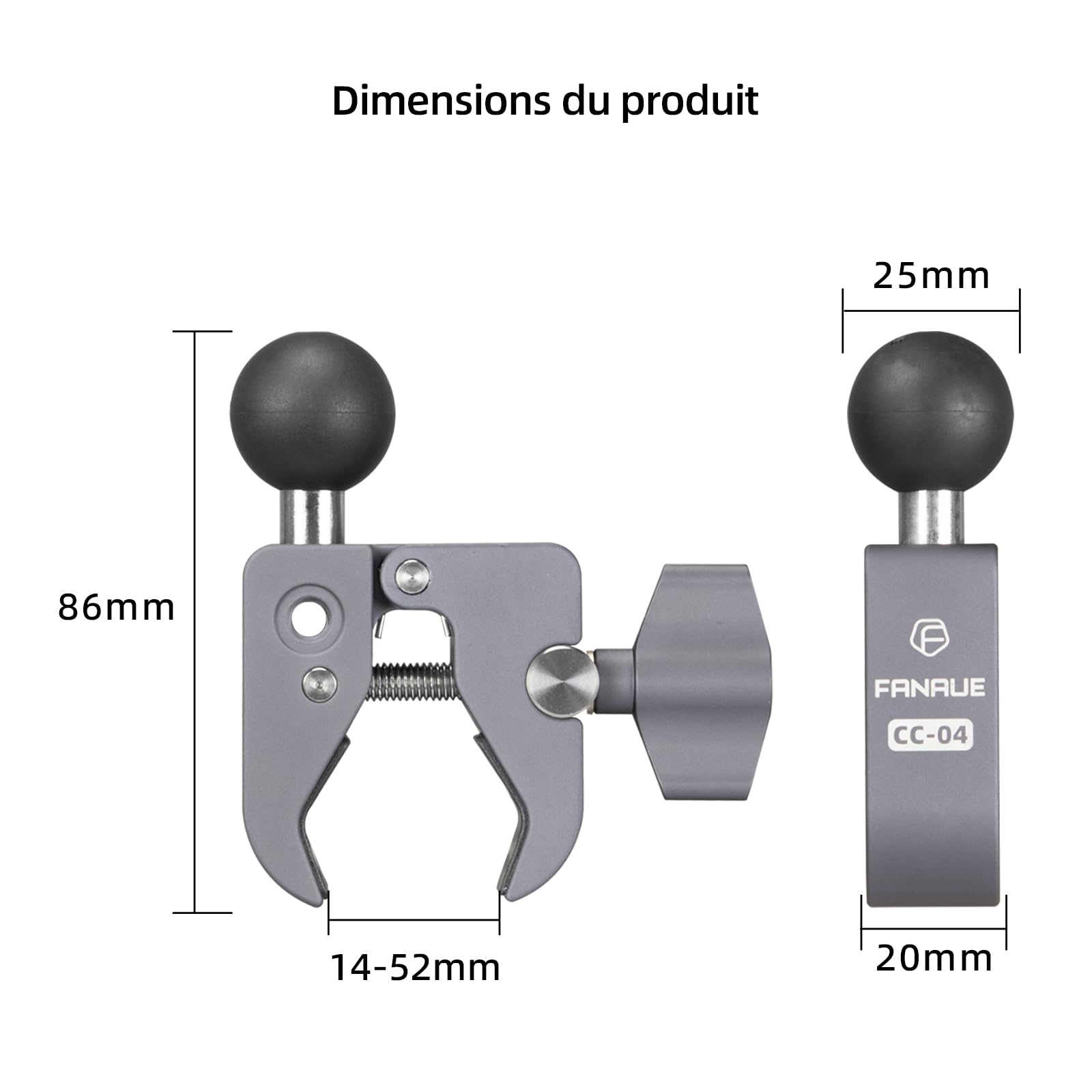 FANAUE Support de téléphone pour Moto avec Base de Montage à rotule d'un Pouce Compatible avec RAM Mounts, Une Plage de Serrage de 13 à 52 mm, adapté aux guidons de Motos et de vélos